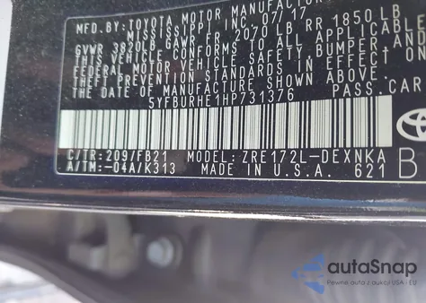 2017 Toyota Corolla Le from USA, damaged, VIN 5YFBURHE1HP731376